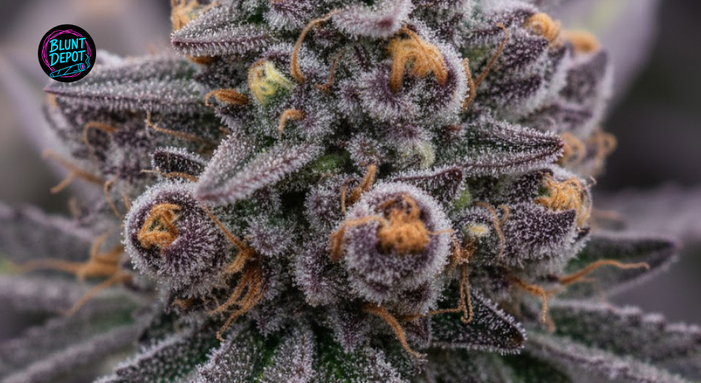 Detailed macro photography showing the sticky, crystalline trichomes on a Horchata cannabis bud.