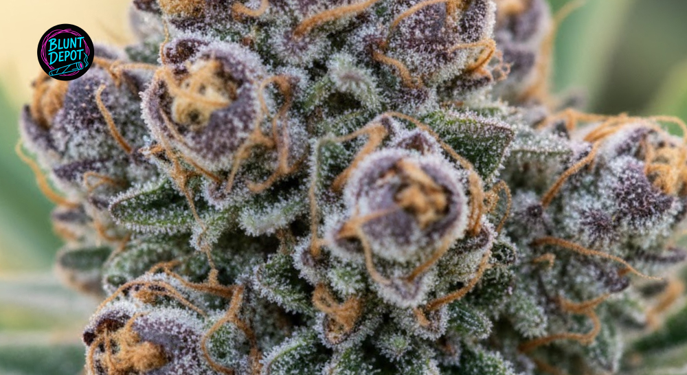 Extreme close-up of amber-colored hairs and white trichomes on an OG Chem cannabis flower.