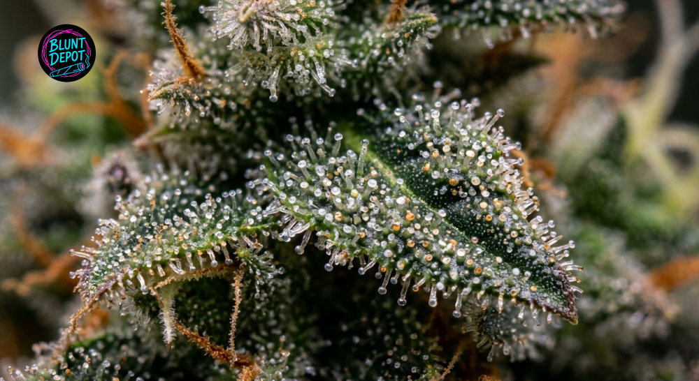 Macro photography showing the crystalline trichomes and sticky resin on a premium cannabis flower.