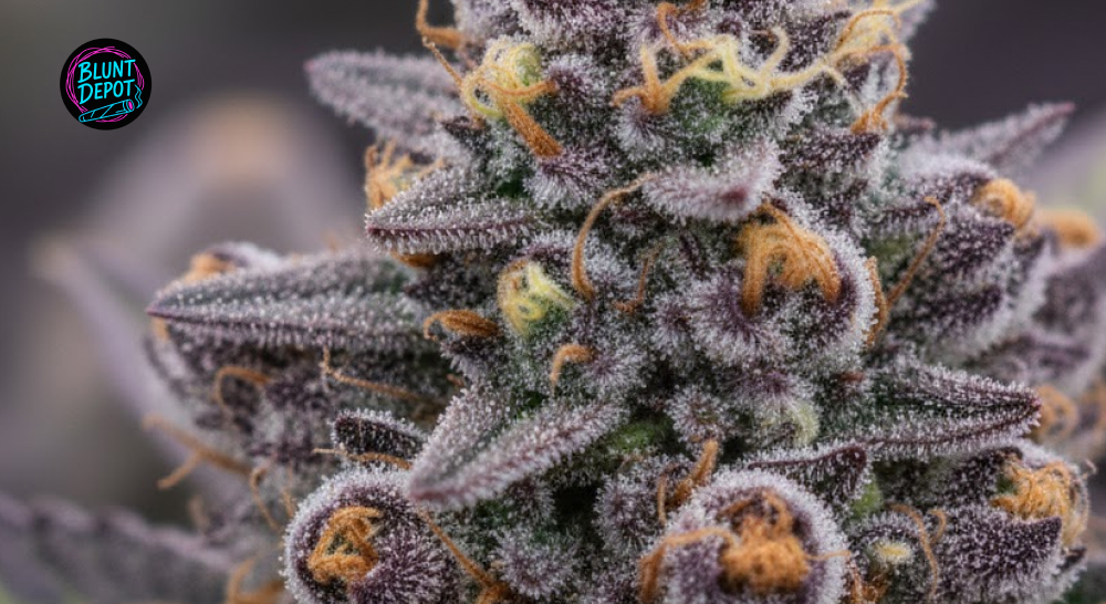 Extreme macro photography of crystalline trichomes covering the surface of an Agent Orange weed strain bud.