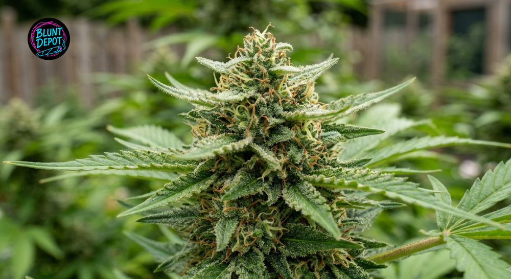 Macro photography showing the dense coverage of glandular trichomes on a premium cannabis flower.