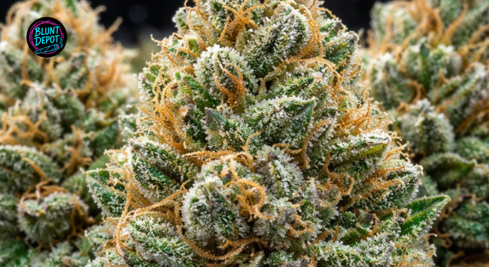 Macro photography of sticky, amber-tipped trichomes on a King Tut weed strain cannabis bud.