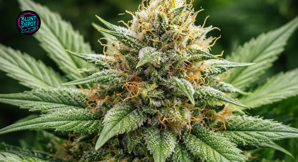 Macro photography of resinous Watermelon Gelato weed strain buds covered in amber-tipped crystals and orange hairs.