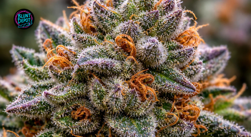 Extreme close-up of crystal-covered calyxes on an Incredible Hulk cannabis flower.