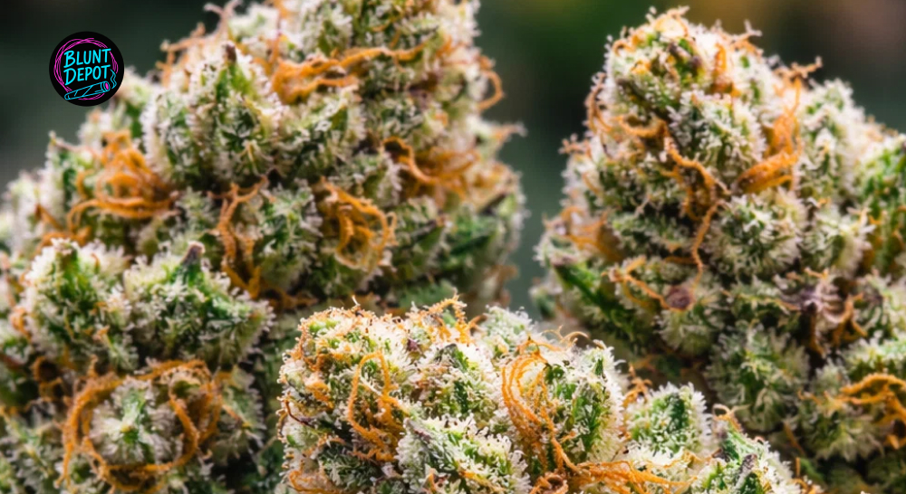 Macro photography of white crystalline trichomes covering a premium Durban Poison cannabis bud.