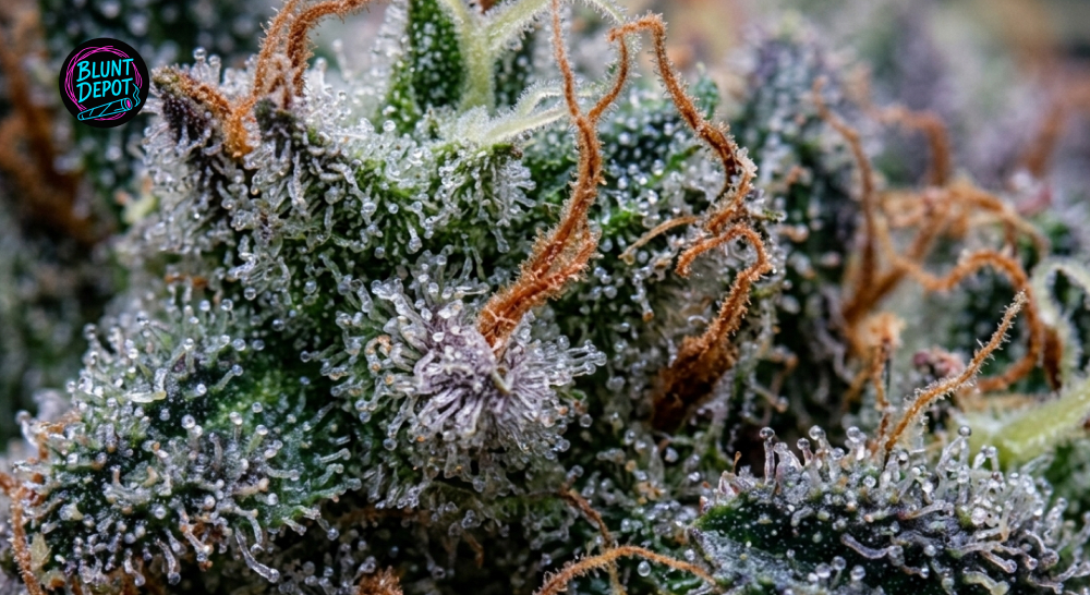 Macro photography of Pineapple Express buds showing crystalline trichomes and sticky resin.