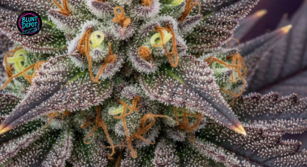 Macro view of Gelato strain cannabis flower showcasing purple-tipped leaves and crystalline resin glands.