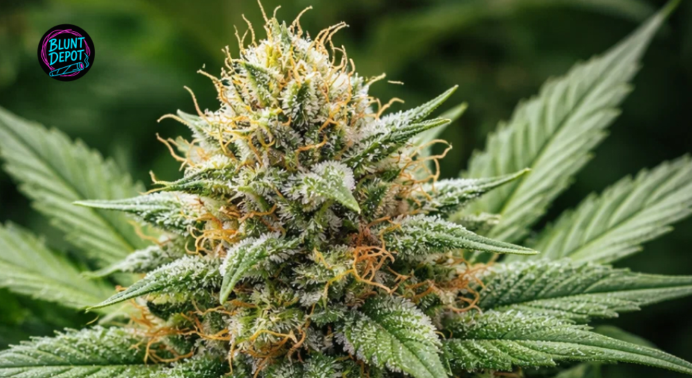 Macro photography of Key Lime Pie weed strain flower showing frosty trichomes and orange pistils.