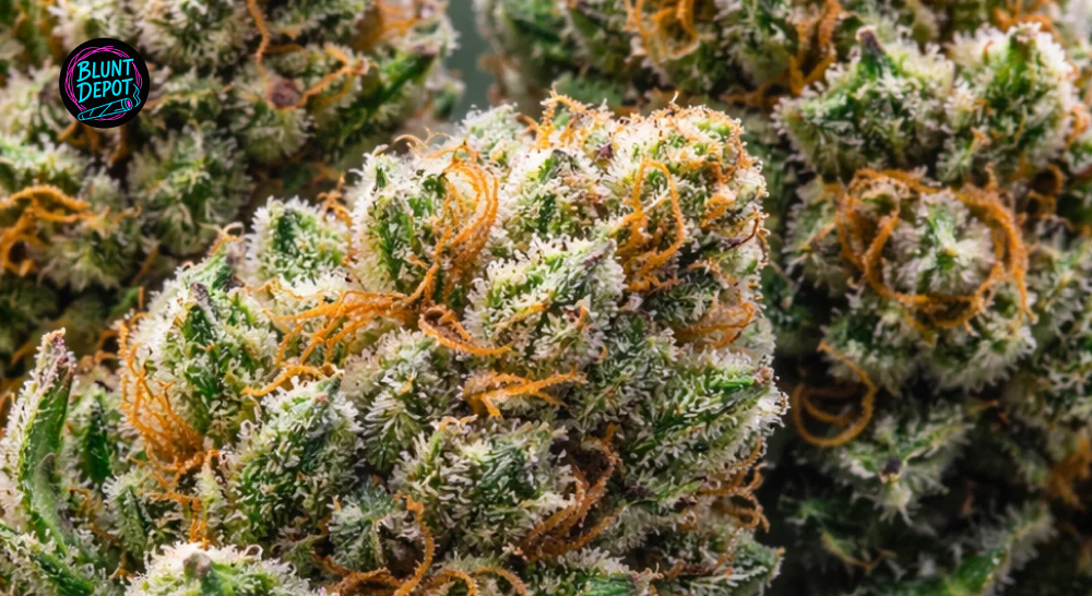 A cluster of premium Black Diamond strain buds covered in sticky resin and amber-colored pistils.