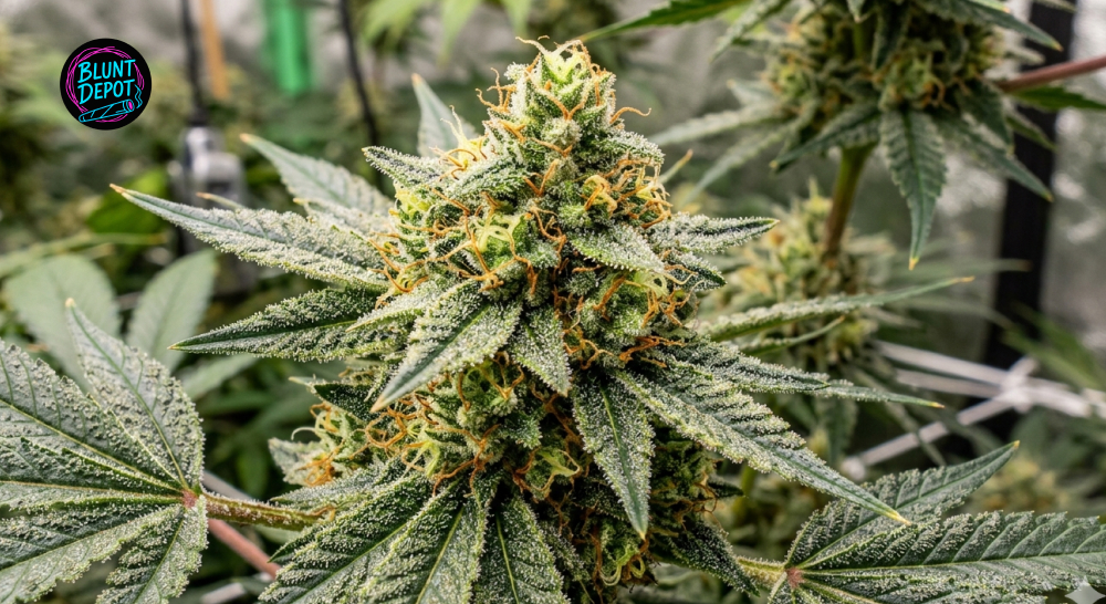Close-up of a Lemon Meringue weed strain plant flowering with frosty sugar leaves and bright pistils.