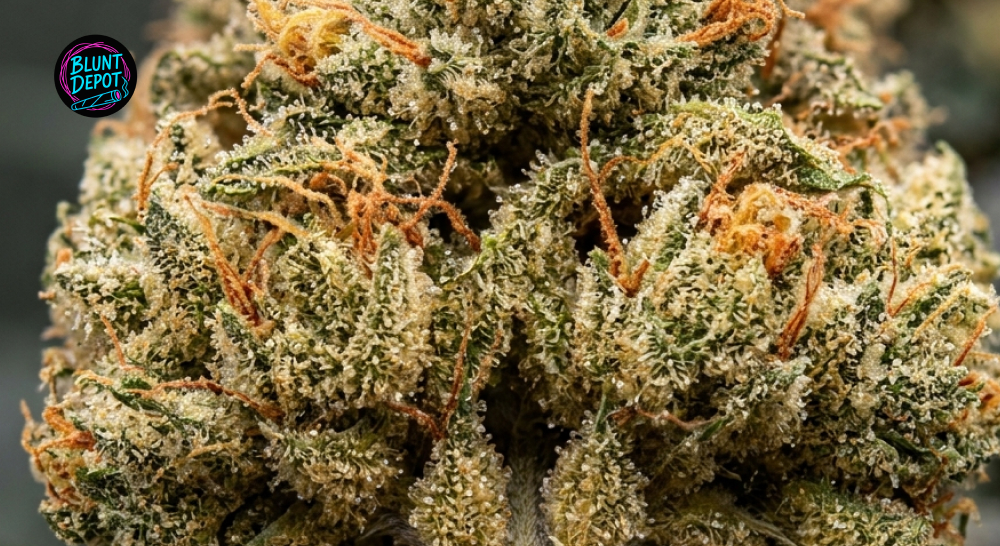 Macro photography of the Sour Tangie cannabis strain showing sticky amber trichomes on a dense flower.