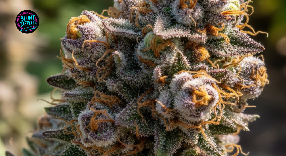 Extreme close-up of glistening crystal trichomes on the surface of a Colombian Gold cannabis bud.