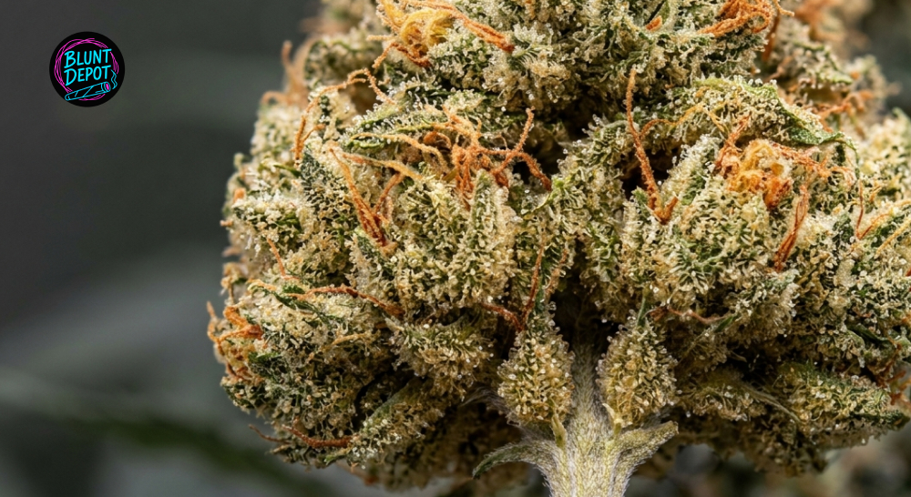 Macro view of a dense Quantum Kush bud covered in a thick layer of sticky white trichomes.