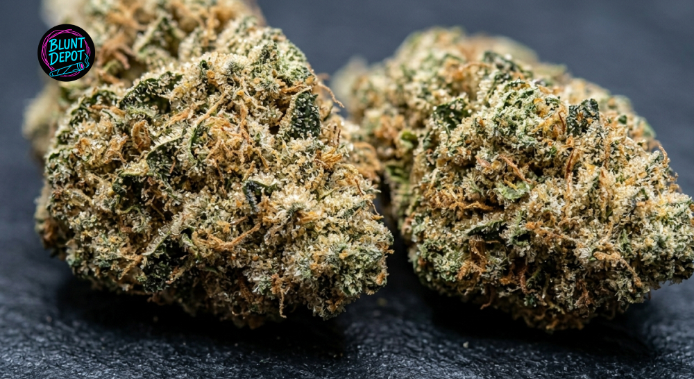 Two dense, resinous buds of the Member Berry weed strain featuring orange pistils and a heavy coating of crystals.