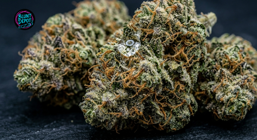 Macro view of dense Snoop’s Dream cannabis buds with a thick coating of sticky trichomes and amber hairs.