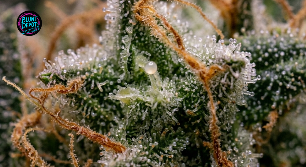 Macro view of dense Jesus OG cannabis buds showcasing a sparkling layer of trichomes and rich green hues.