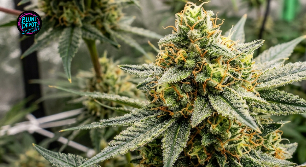 Macro view of two dense Orange Cookies cannabis buds covered in sticky white resin glands and orange pistils.