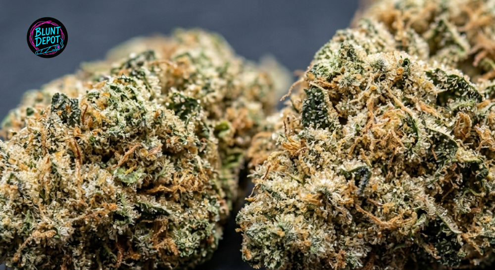 Macro view of two dense White Buffalo cannabis buds featuring a thick blanket of white trichomes and fiery hairs.