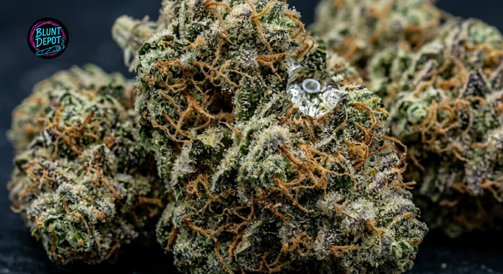 Close-up of cured Super Sour Diesel weed strain buds with a clear resin drop highlighting the rich terpene profile.