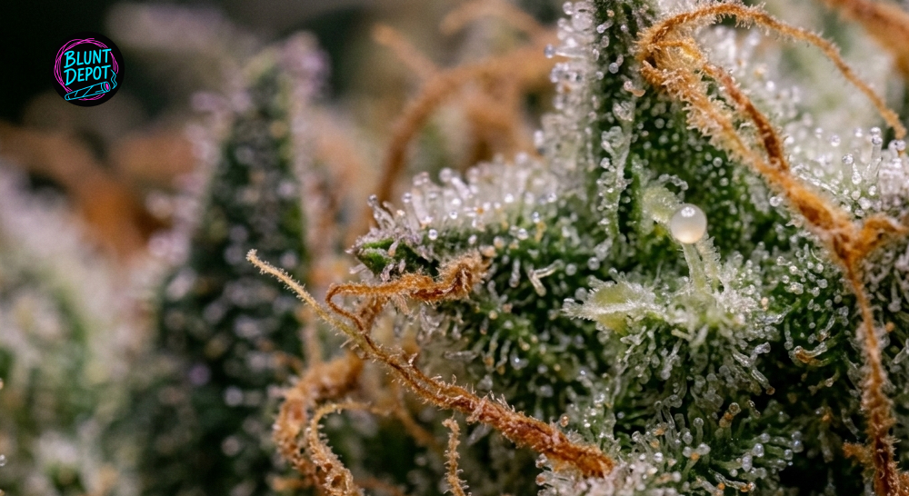 Macro photography of crystalline trichomes on the surface of the Lamb’s Bread weed strain.