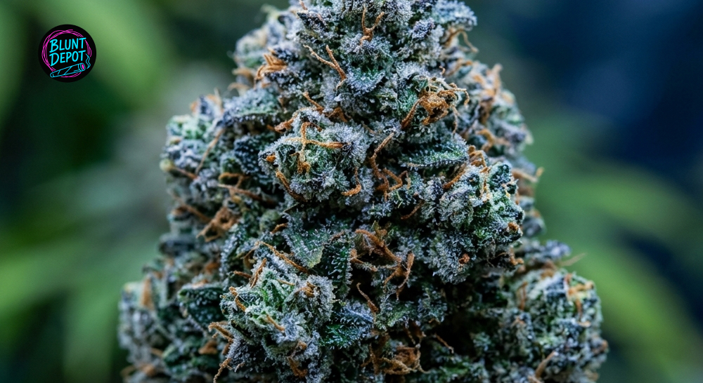 Macro shot of cured Mega Z Blue weed strain buds showing dense trichome coverage and purple undertones.