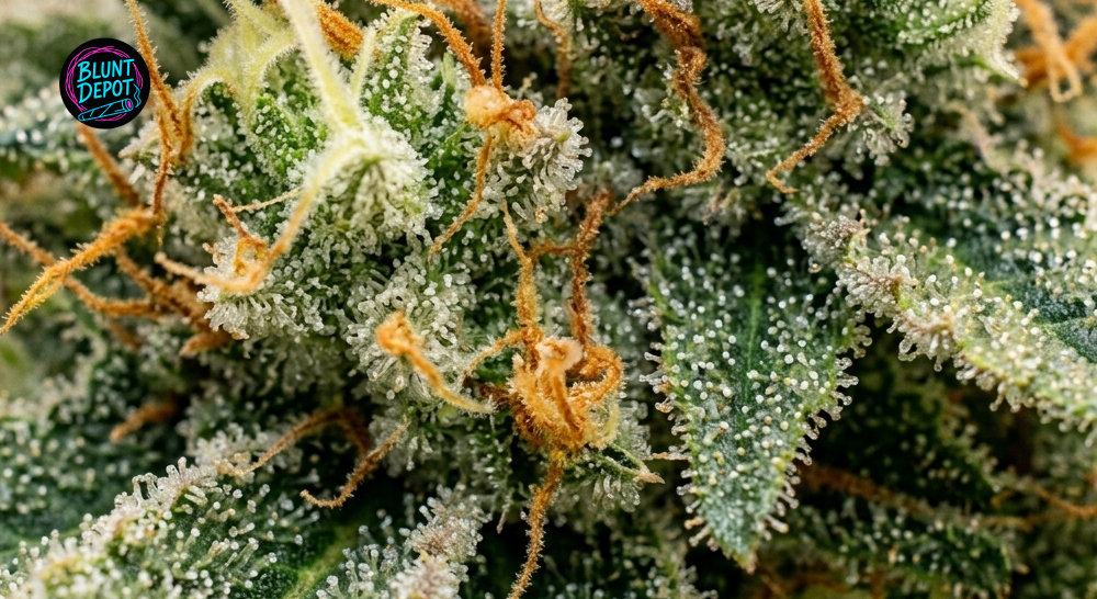 A close-up view of cured Mob Boss weed strain buds featuring dense flower structure and amber pistils.