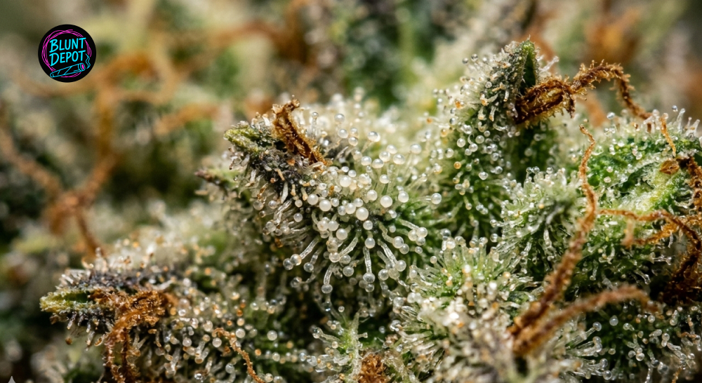 Detailed close-up of amber and cloudy trichomes on the surface of a Layer Cake strain cannabis bud.