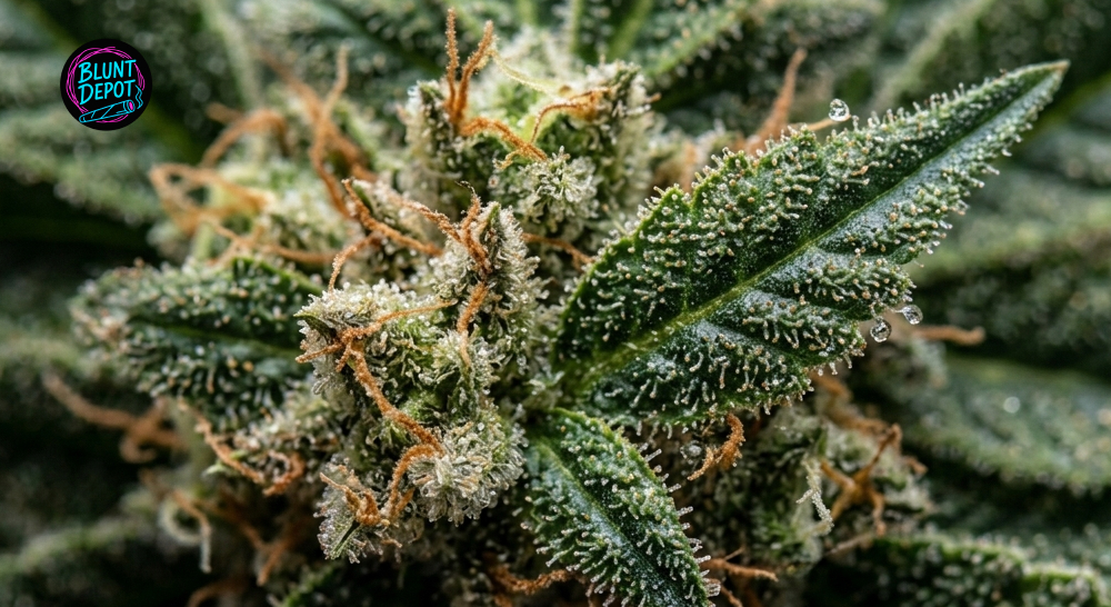 Detailed view of cured Laughing Buddha weed strain buds showing dense trichomes and bright orange hairs.