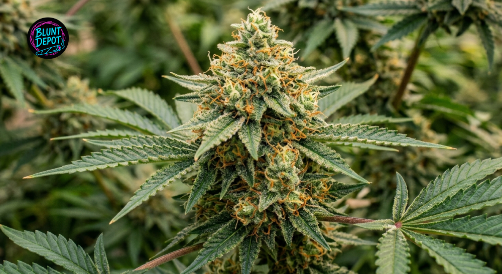 Detailed macro view of cured Orange Creamsicle weed strain buds showing frosty trichomes and amber hairs.