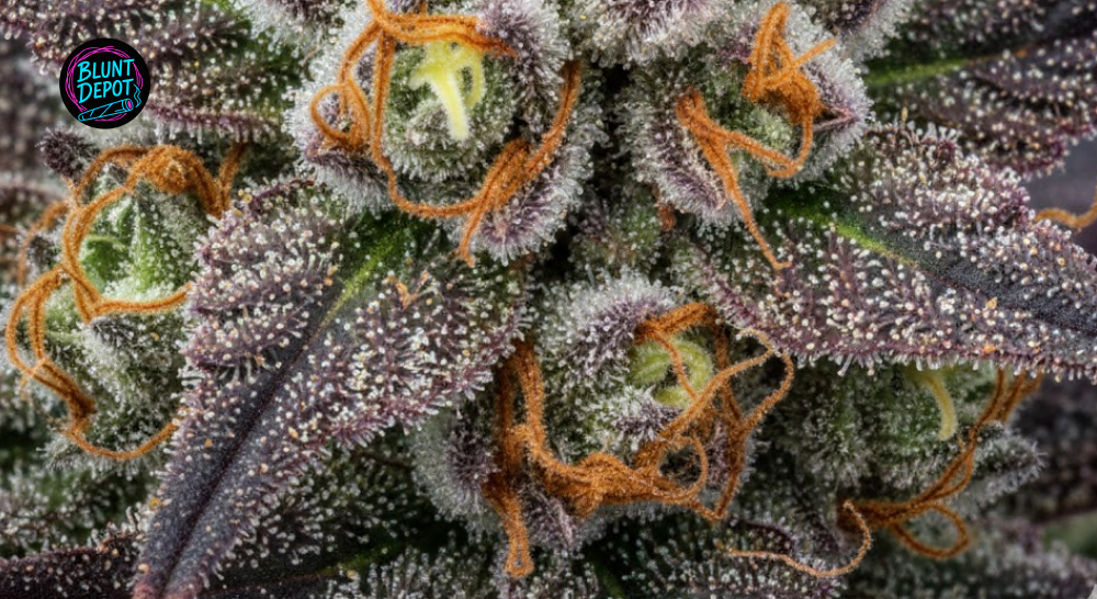 Detailed close-up of amber and cloudy trichomes on the surface of a Hawaiian Punch strain cannabis bud.