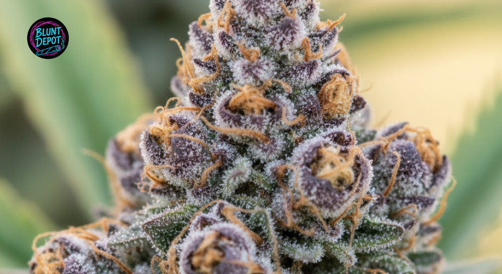 Detailed close-up of amber and milky trichomes covering the surface of a Dirty Girl strain cannabis bud.