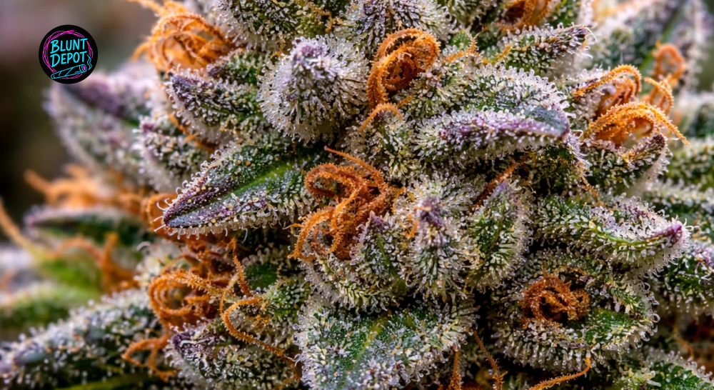 Detailed close-up of amber and cloudy trichome heads on the surface of a Gushers strain cannabis bud.