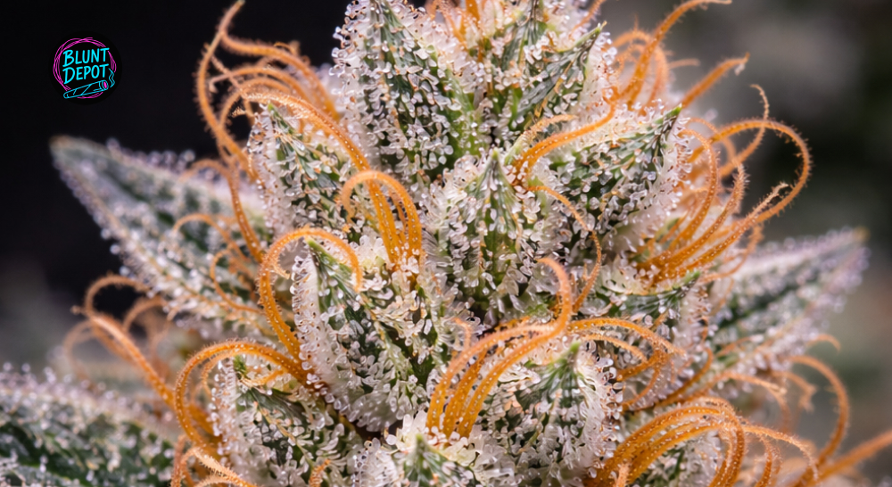 Macro view of sparkling crystal trichomes covering the surface of an LA Pop Rocks strain cannabis bud.