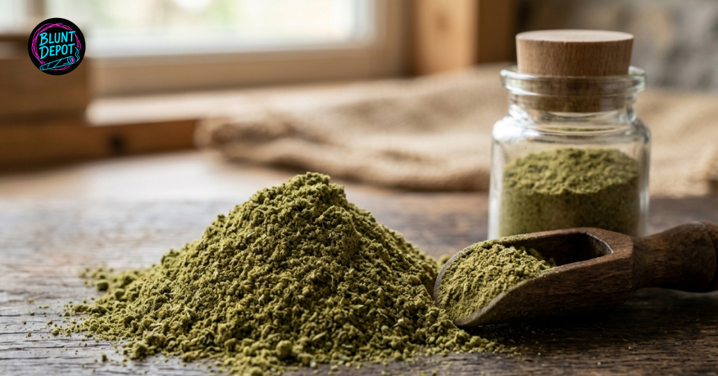 A wooden scoop filled with light green cannabis kief next to a glass jar of Incredible Hulk concentrate.