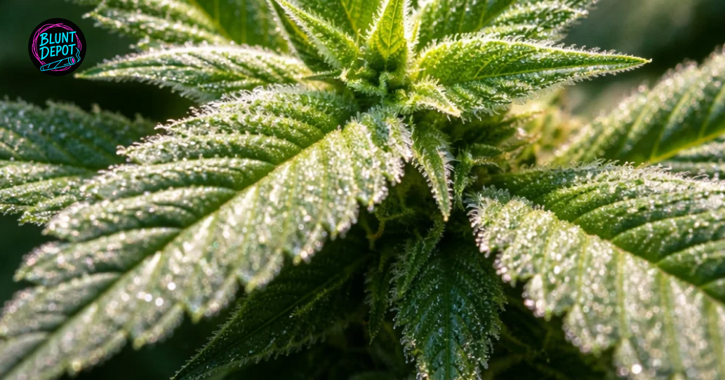 Cured Wedding Pie strain buds displayed on a wooden surface next to a grinder and lifestyle cannabis tools.