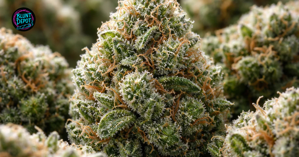A cluster of frosty White 99 weed strain buds displaying a thick layer of white crystalline resin.