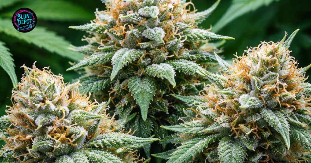 A wooden spoon filled with light green Sour Apple strain kief next to a glass storage jar.