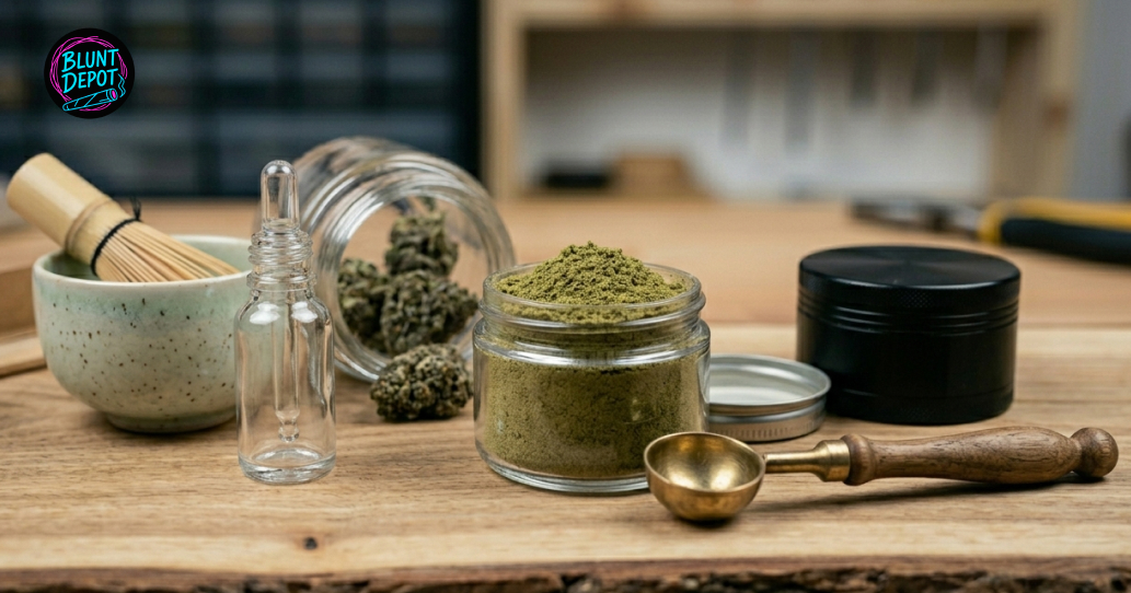 A glass jar of cannabis flower sits next to a grinder, kief container, and lifestyle accessories on a wooden surface.