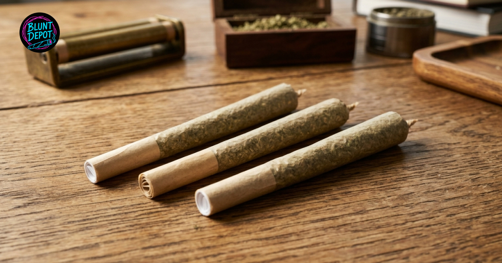 Three perfectly rolled cannabis joints sit on a wooden table next to a grinder and a jar of Mango Haze strain flower.