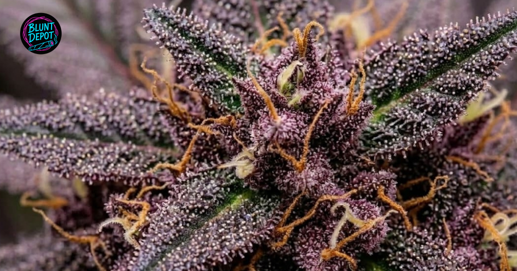 Macro photography of clear and cloudy trichome heads on the surface of a Red Congolese weed strain bud.