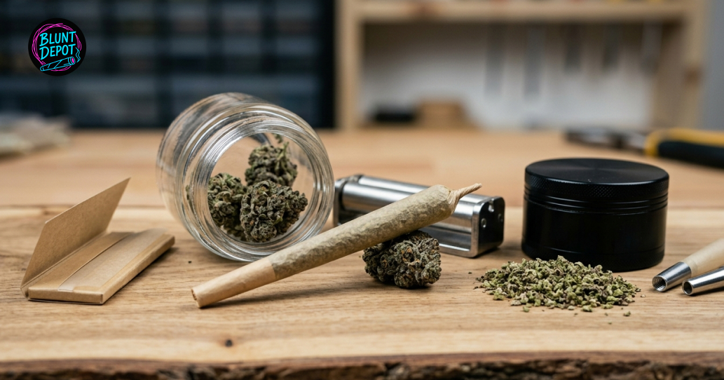 Cured Lemon Poppers weed strain flower displayed alongside premium cannabis accessories on a wooden surface.