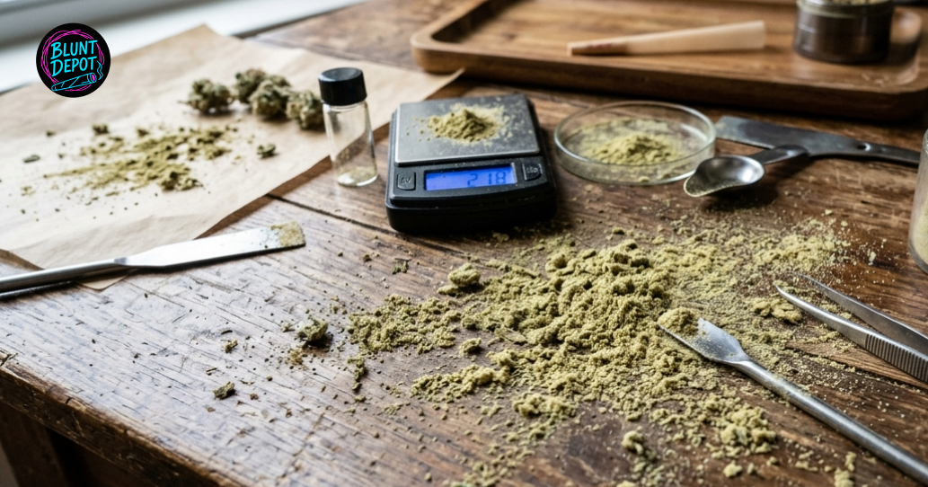 Glass jars of Sour Jack weed strain flower and processed cannabis powder displayed on a wooden surface.