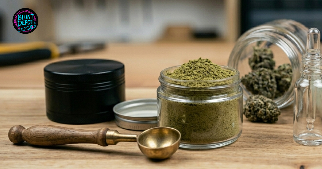 A glass jar of Jenny Kush strain buds sits next to a grinder and a container of fine kief on a wooden surface.