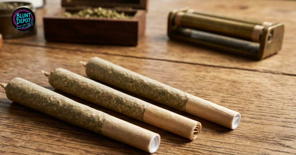 A jar of Blue Zkittles strain flower sits on a wooden table next to a grinder and lifestyle accessories.