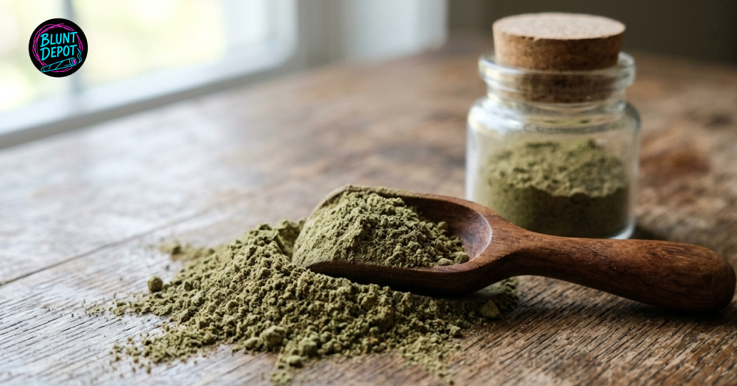 A wooden spoon holding green cannabis kief next to a glass jar on a rustic wooden table.