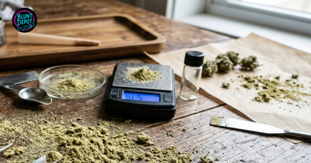Cured Devil Driver strain buds displayed on a wooden surface next to a grinder, kief container, and lifestyle accessories.