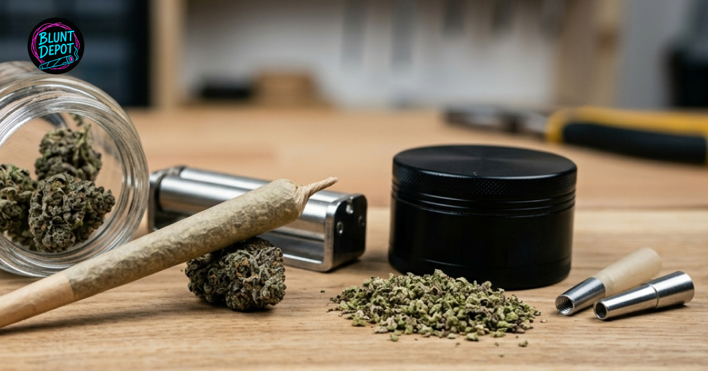 Cured Tangerine Dream strain buds displayed on a wooden surface next to a grinder and lifestyle accessories.