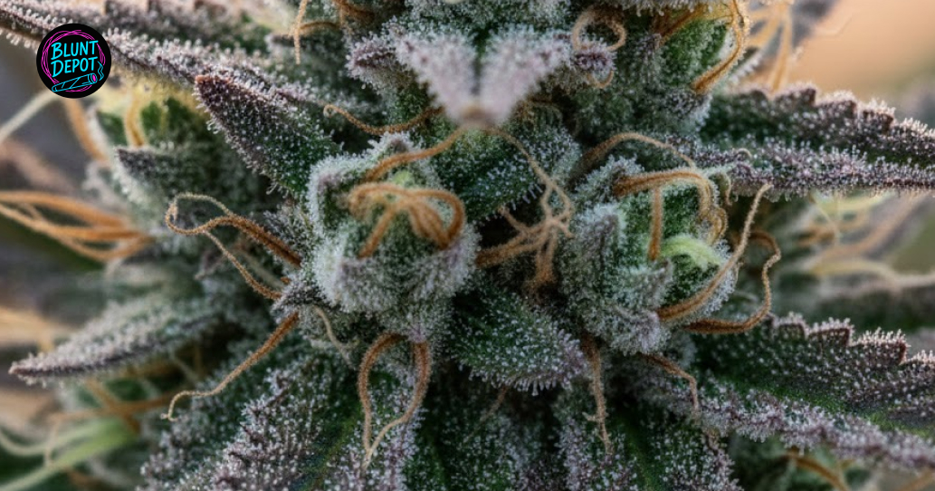 Dried Space Cake cannabis flower sitting next to a grinder on a wooden table, representing the cannabis lifestyle.