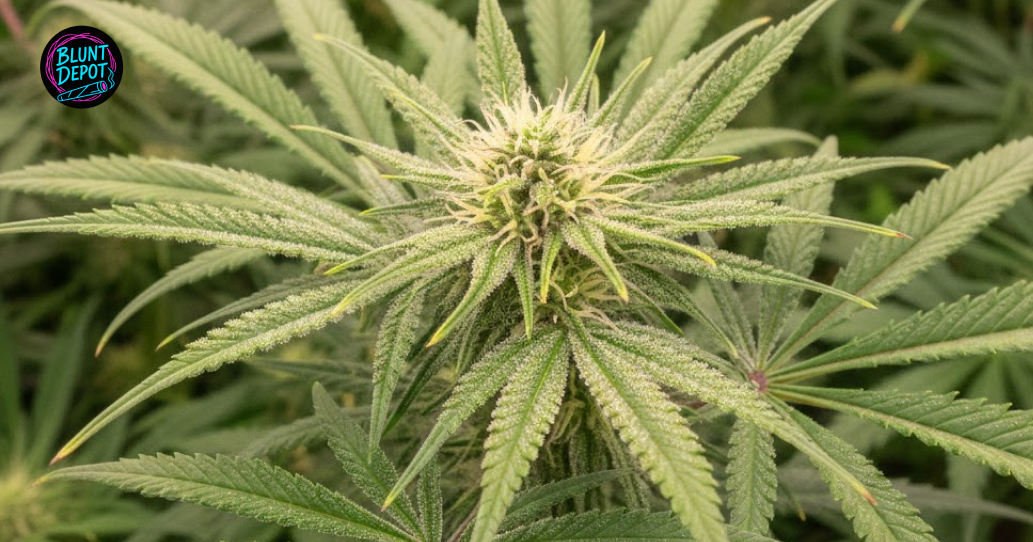Cured Strawberry Shortcake cannabis flower sitting on a rustic wooden surface next to a metal grinder.
