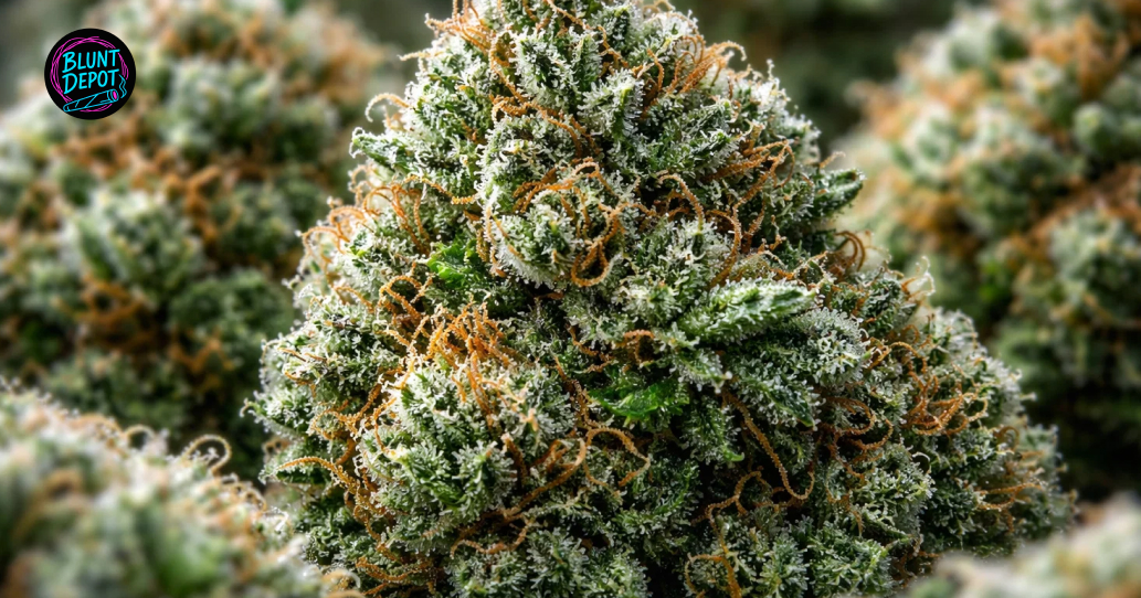 Large, frosted Cherry Poppers cannabis buds sitting on a wooden surface next to professional accessories.